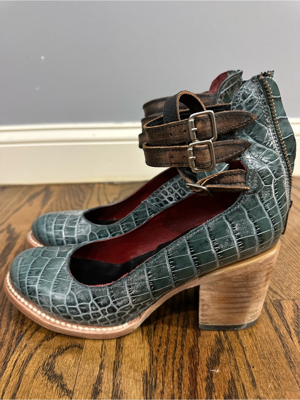 Freebird by Steven Teal Croc-Embossed Ankle-Strap Flats with Brown Straps - Picture 2 of 5